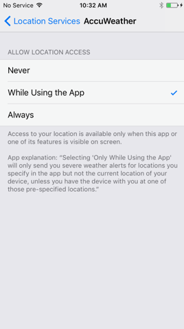 AccuWeather location services while using the app